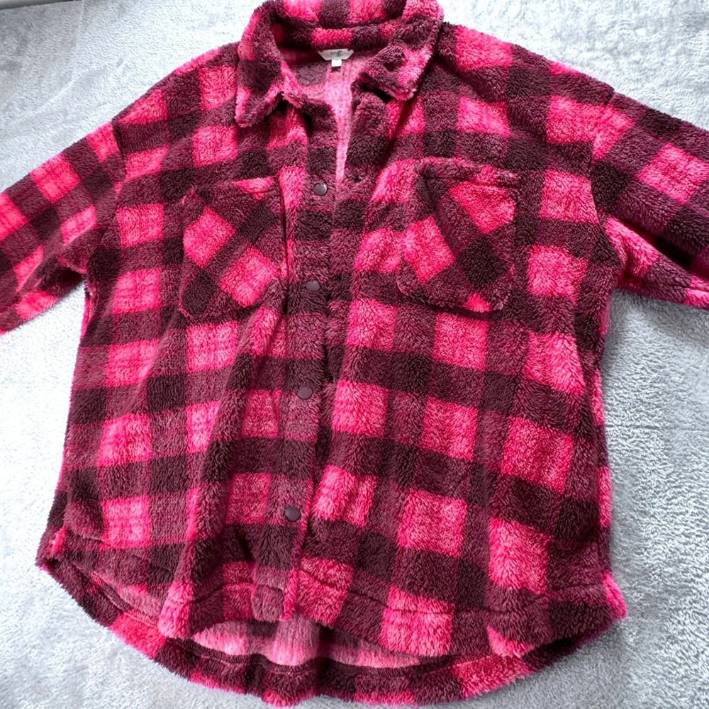 Terra & Sky Pink Burgundy Buffalo Plaid Fleece Shacket Plus Size‎ 2X 20W-22W